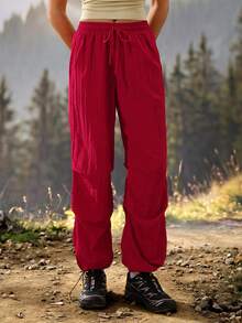 Exploreva Exploreva Women's Drawstring Waist Cuffed Outdoor Long Pants - Red - View 6