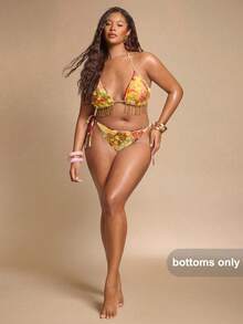 SHEIN BAE Conjunto de Bikini Talla Grande con Decoración Floral 3D de Lentejuelas - Amarillo - Ver 3