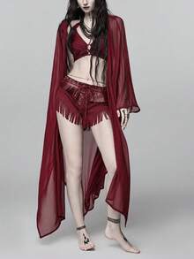 ROMWE Goth 春夏度假海灘風深色哥德風透視蝙蝠袖上衣 - 酒紅色 - 查看 3