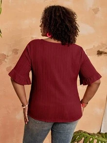 BrightlyHer Blusa de mangas cortas con volantes en el bajo, de talla grande, de estilo sencillo y de moda casual para uso diario y vacaciones, para mujer, primavera/verano - Burdeos - Ver 2