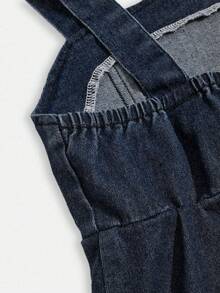 SHEIN Elladie kids 女童個性化百搭度假休閒舒適可愛時尚無彈力蝴蝶結百褶牛仔吊帶裙 薄款夏季 - 深色水洗藍 - 查看 6