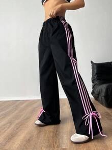 SHEIN EZwear 秋季休闲黑色撞色侧条纹织带工装裤 - 黑色 - 查看 3