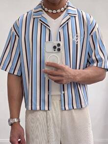ESTAVOR 男士夏季休閒條紋短袖襯衫 - 藍色 - 查看 1