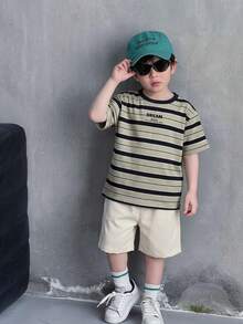 2pcs/Set Young Boys' Casual Striped Print Round Neck Short Sleeve T-Shirt And Solid Color Shorts,Comfortable Versatile Summer Outfit For School Daily - Khaki - View 4