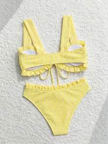 Swim Vcay Sweet Girl 女款 2 件組紋理條紋寬肩帶前綁帶三角比基尼套裝 - 彩色 - 查看 2