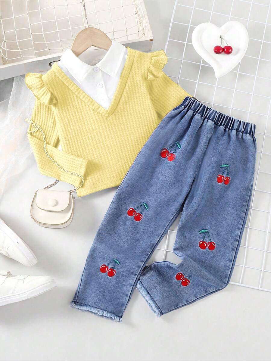 SHEIN Elladie kids 女童復古 2 合 1 T恤與櫻桃刺繡牛仔褲兩件套 - 黃色 - 查看 1