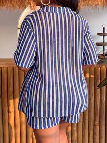 Slaydiva 2026 New Plus Size Women's Blue & White Striped Shorts & Shirt 2-Piece Set Beach Cover-Up - Blue - View 2