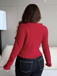 Dazy Plus V-Neck Tie-Front Fitted Sexy Red New Year Christmas Long Sleeve Cardigan Sweater, Spring/Autumn - Red - View 2