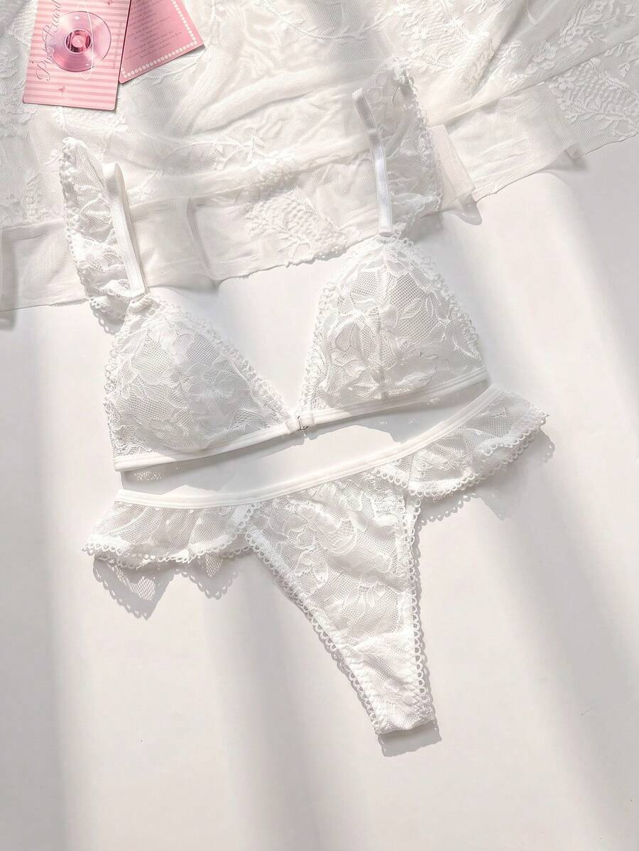 PetitDoll 2件套女士纯色蕾丝无线性感内衣套装,可爱 - 白色 - 查看 1
