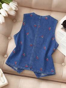SHEIN MOD 女款時尚百搭櫻桃刺繡鈕扣牛仔背心 - 藍色 - 查看 3