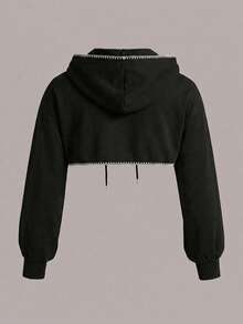 Comfortcana Plus Size Embroidered Hooded Cropped Sweatshirt Matric Dance Party Office Black Summer 2000s 90s 70's - Multicolor - View 2