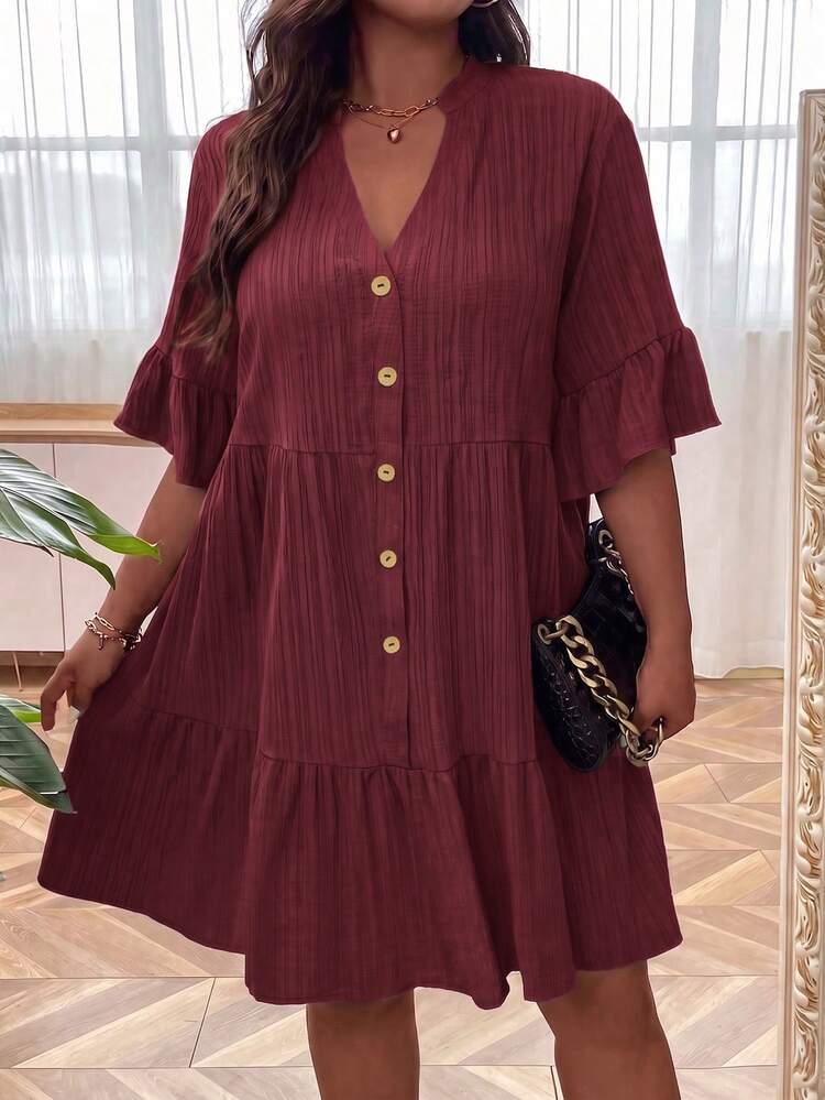 Linhara CURVE Plus Size Textured Button Ruffle Hem Vacation Dress - Dusty Pink - View 4