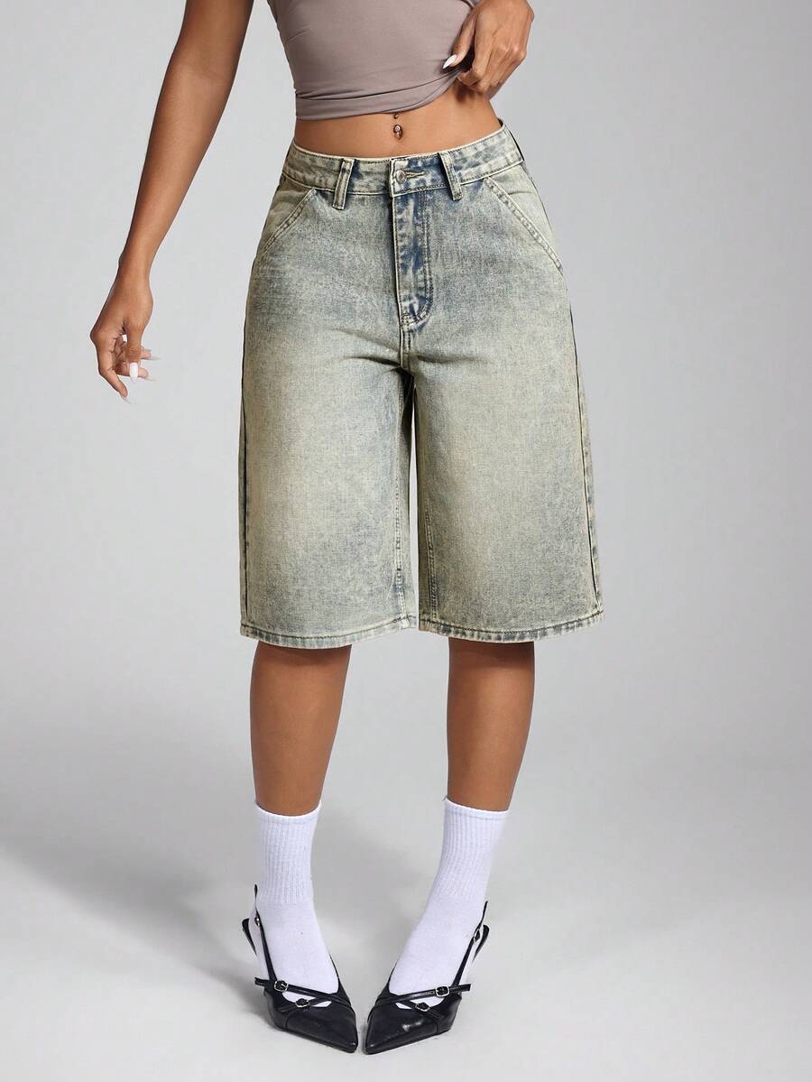 SHEIN ICON Shorts de mezclilla de pierna recta lavados vintage para el verano - Azul lavado medio - Ver 1