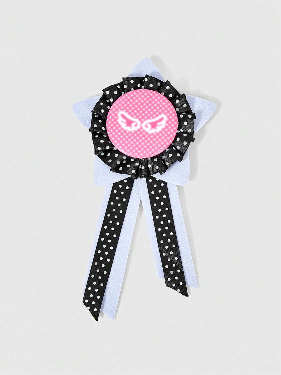 ROMWE Kawaii White And Black Pentagram Splicing Polka Dot Printing Ribbon Wing Badge Design, Multi-Functional Decorative Accessories, Suitable For Daily, College, - White Black - View 1