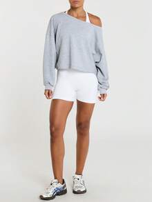 11SKNDS Oversized Off-Shoulder Cropped Sweatshirt With Drop Sleeves, Wide Neckline, Casual Everyday Cozy Pullover Top For Fall Winter - Grey - View 4