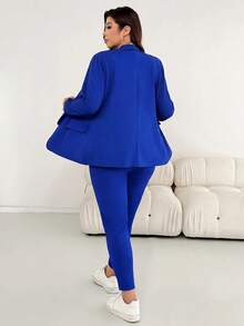 Shapeblank Plus Size Casual Commute Solid Color Jacket & Pants 2 Pieces Set Fall - Royal Blue - View 3