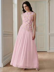 Anewsta Robe longue élégante et raffinée pour femme, style fête de la Saint-Valentin printemps/été, sans manches, col rond, taille cintrée, avec broderie florale et patchwork, pour soirée - Rose pâle - Voir 3