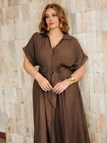 Roveilla Women's Plus Size Single-Ply Bamboo Linen Brown Shirt Collar V-Neck Waist Darted Side Seams Tie Bow Cuffed Short Sleeve Long Dress Formal Vacation - Coffee Brown - View 6