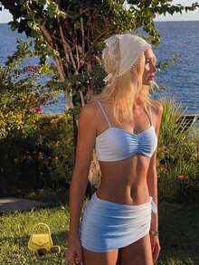 Livesso Women's Summer Beach Gradient Color Ruched Sexy Fashion Bikini Two-Piece Swimwear Set - Blue - View 1