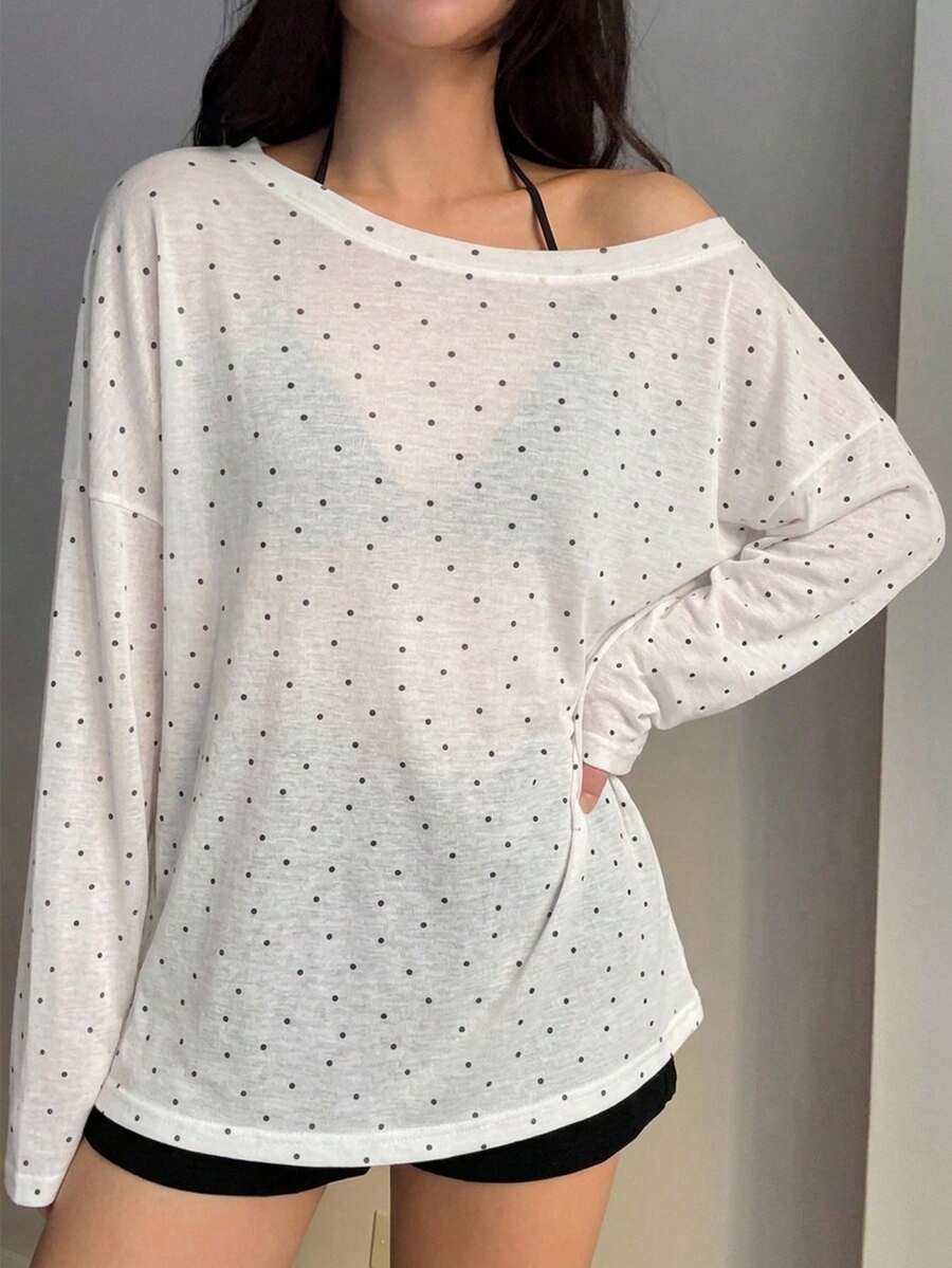 DAZY 女款波點印花落肩長袖寬鬆罩衫上衣 - 白色 - 查看 1