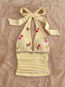 Soleia Women's Floral Pattern Shell And Starfish Decor Pleated Halter Top - Multicolor - View 6