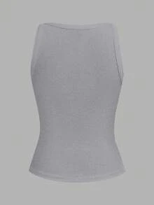 Slaydiva 2026 Primavera/Verano Nueva Llegada Casual Básico Versátil Blanco Sólido Acanalado Cuello en V Espalda de Corredor Fruncido - Gris - Ver 2
