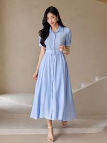 DAZY Spring Summer Autumn Short Sleeve Striped Shirt Dress Women's New Waist-Cinching Dress - Blue - View 4