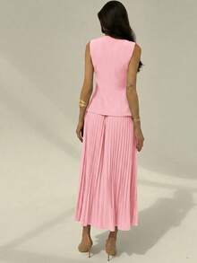 Aloruh Conjunto de 2 piezas para mujer con top sin mangas con botones delanteros y minifalda de unicolor para otoño/invierno - Rosa Pálido - Ver 2