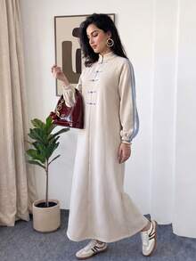 Veilorie 女款對比色條紋青蛙鈕扣長洋裝 - 彩色 - 查看 7