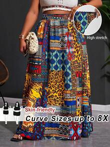 SHEIN CURVE+ 2026春夏大码女装音乐节、复活节、西部风情、游牧风、生日派对、毕业典礼、大学、学生、日常休闲、基础款、休闲、度假、邮轮、海滩、日光浴、爆款、街头风、婚礼宾客、通勤、早午餐、机场、派对、假日郊游、优雅宴会、舞会、休闲、高端优雅非洲印花A字裙 - 彩色 - 查看 1