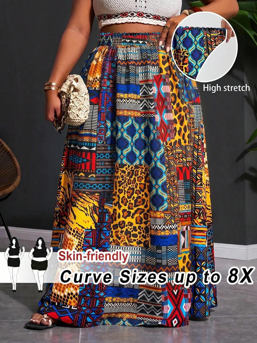 SHEIN CURVE+ 2026春夏大码女装音乐节、复活节、西部风情、游牧风、生日派对、毕业典礼、大学、学生、日常休闲、基础款、休闲、度假、邮轮、海滩、日光浴、爆款、街头风、婚礼宾客、通勤、早午餐、机场、派对、假日郊游、优雅宴会、舞会、休闲、高端优雅非洲印花A字裙 - 彩色 - 查看 1