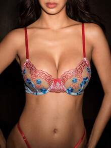 Bella Beso 2pcs/Set Contrast Color Exquisite Embroidered Underwire Bra Set, Breathable Skin-Friendly Fabric, Comfortable And Pressure-Free, Underwire Design For Great Support. Contrast Floral Embroidery Design Is Romantic And Eye-Catching, Adjustable Thin Straps, Fits Body Shape Without Pinching Skin. High-End Luxury Texture, Suitable For Daily Wear Or Special Occasions, Giving You Gentle Envelopment And Exquisite Beauty. - Multicolor - View 6