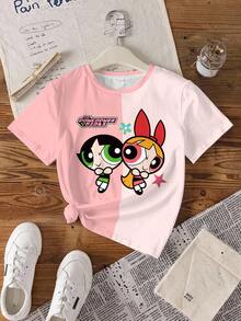 THE POWERPUFF GIRLS X SHEIN Tween Girl Cartoon Print Short Sleeve T-Shirt - White - View 1