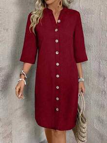 EMERY ROSE Gaun Liburan Kasual Wanita Warna Polos dengan Kancing Depan - Burgundy - View 3