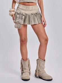 ROMWE Rok Denim Lipit Model A-Line Gaya Grunge Y2K Musim Panas - Khaki - View 5