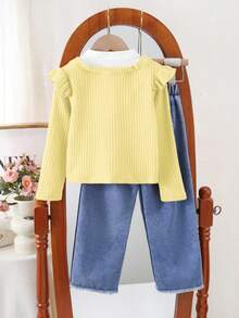 SHEIN Elladie kids 女童復古 2 合 1 T恤與櫻桃刺繡牛仔褲兩件套 - 黃色 - 查看 2