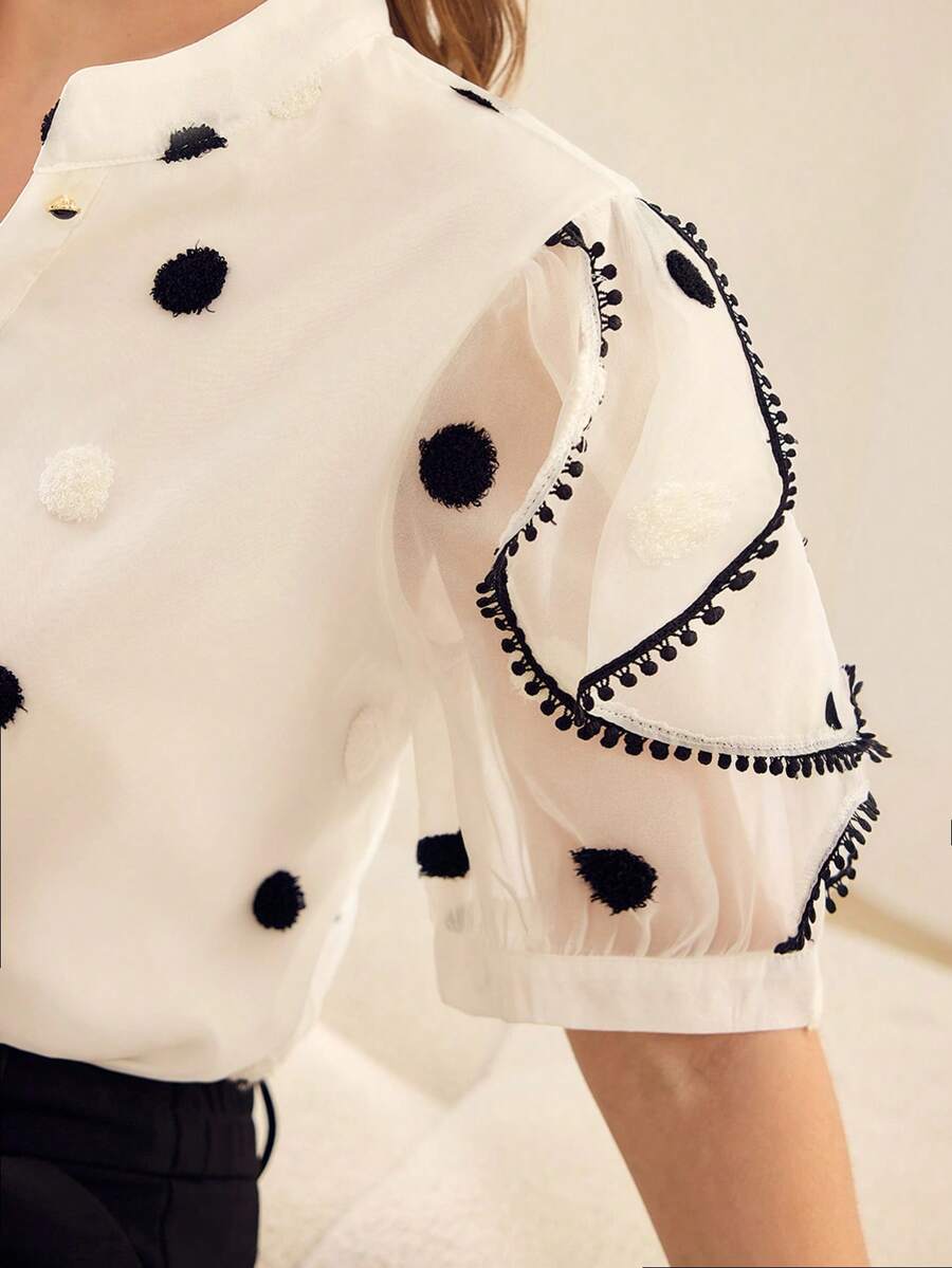 MOTF PREMIUM PLUS SIZE WOMEN'S WHITE BASE BLACK & WHITE POLKA DOT ELEGANT OFFICE STYLE DELICATE RUFFLE PETAL SLEEVE NOTCHED NECK SINGLE-BREASTED SLIMMING BLOUSE - White - View 2