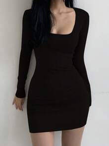Dazy Tall Gaun Kasual Seksi Pendek Pas Badan Lengan Panjang Leher Persegi Wanita Musim Gugur - Hitam - View 5