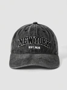 MortiRose 3D立體刺繡「NEW YORK」字母水洗棒球帽，正面「EST 1625」平面刺繡，背面「NEW YORK CITY」平面刺繡，可調節戶外帽 - 黑色+灰色 - 查看 2