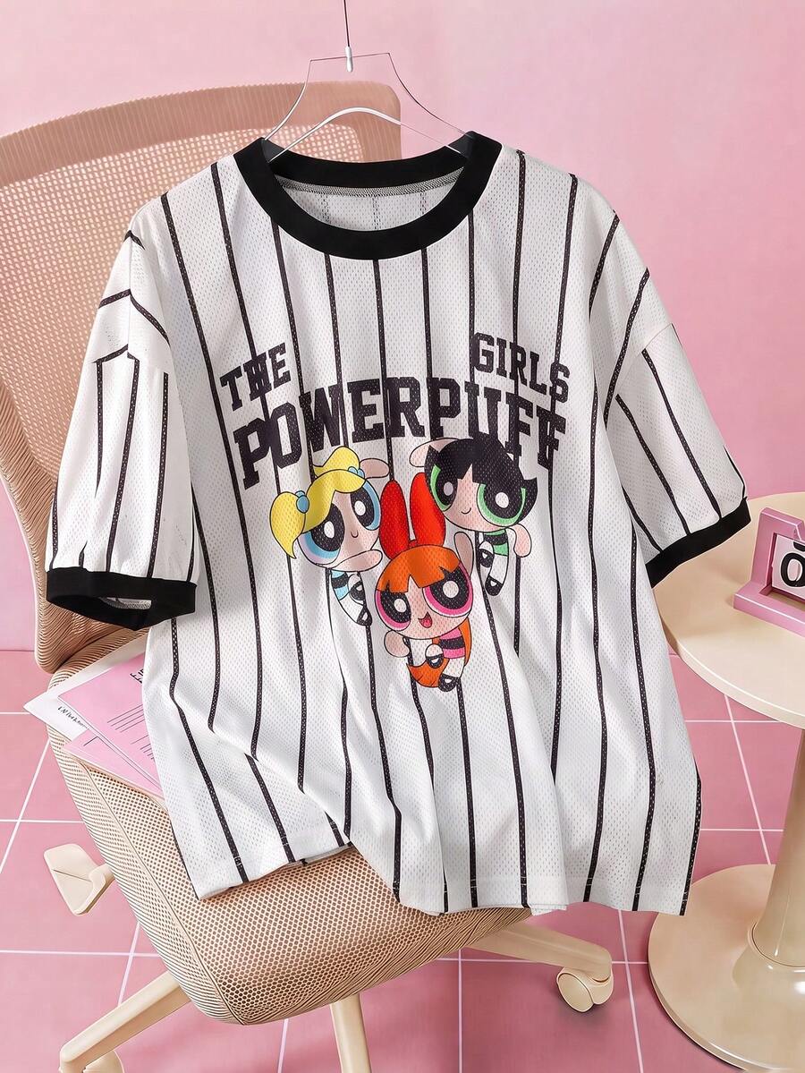 THE POWERPUFF GIRLS X SHEIN Áo thun nam mùa hè phong cách thường ngày họa tiết sọc và in hoạt hình - trắng - Xem 1