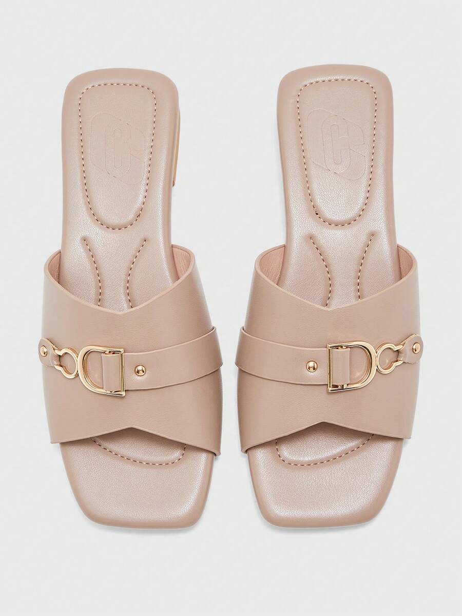 CUCCOO BIZCHIC Dark Apricot, Metal Buckle Cross Strap Square Toe, Thick Heel Low Heel Sandals, Suitable For Commuting Office Wear - nude - View 1