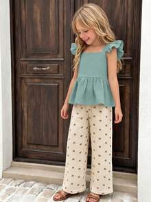 SHEIN Genkimix Kids 女童 2 件套，純色上衣與愛心印花長褲套裝，可愛春/夏外出與度假穿搭 - 綠色 - 查看 1