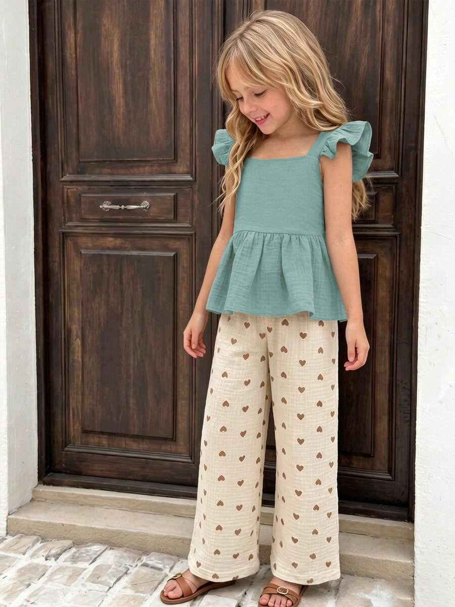 SHEIN Genkimix Kids 女童 2 件套,純色上衣與愛心印花長褲套裝,可愛春/夏外出與度假穿搭 - 綠色 - 查看 1