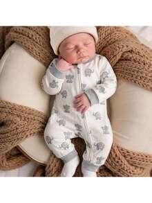 SHEIN Newborn Baby Girl Casual Cute Knitted Cartoon Pattern Long Sleeve Home Wear Romper - Grey - View 1