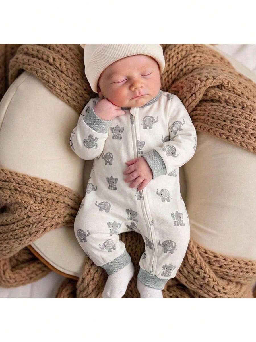 SHEIN Newborn Baby Girl Casual Cute Knitted Cartoon Pattern Long Sleeve Home Wear Romper - Grey - View 1