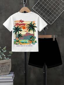 Conjunto de 2 piezas de camiseta de manga corta con estampado de patrón estilo vacaciones y pantalones cortos para niño preadolescente - Multicolor - Ver 2