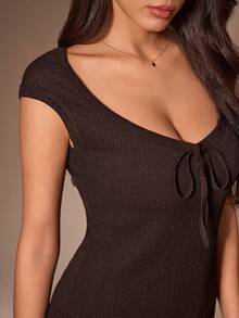 Lazeform Women's Solid Color Square Neck Tie-Front Knitted Textured Fitted A-Line Lounge Sleep Dress Holiday Lounge Dark Brown Summer Casual - Chocolate Brown - View 6