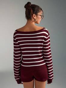SHEIN Burgundy Off-Shoulder Ribbed Knit Co-Ord Set With Long Sleeve Top Matching Shorts July Edit Autumn Stripes Coastal Cool Soft Stretch Knitwear - Burgundy - View 6