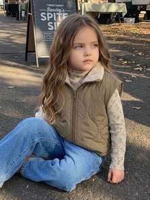 Hapijoa Young Girl Fashion Versatile Zipper Cotton Padded Vest Jacket Fall - Army Green - View 6