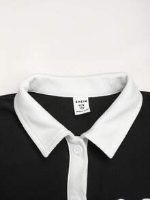 SHEIN Tween女孩休閒日常百搭舒適翻領拼接撞色 Polo 洋裝 - 黑色 - 查看 4